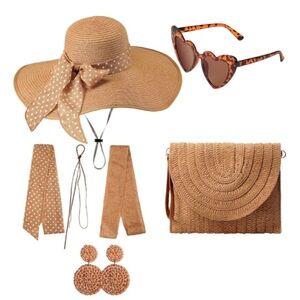 Raffia Beach Accessories Set Tan Floppy Sun Hat Bag Wicker Earrings Sunglasses